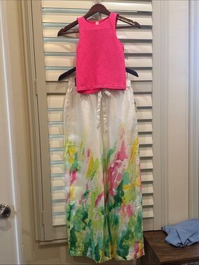 Anthropologie Pink Knit Tank & White Watercolor-Print Lounge Pants